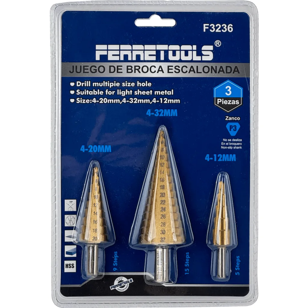 Imagen 3 de FERRETOOLS Kit 3-Brocas Pino 4-12 4-20 4-32mm p/Metal HSS Escalonadas