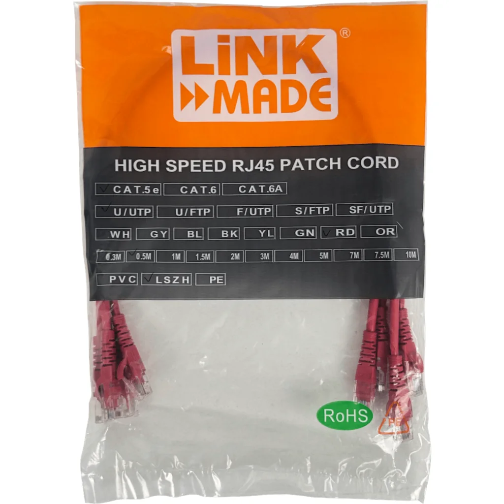 LINKMADE 4UN 50CM CAT5E ROJO LSZH CABLE PATCH INYECTADO MULTIFILAR