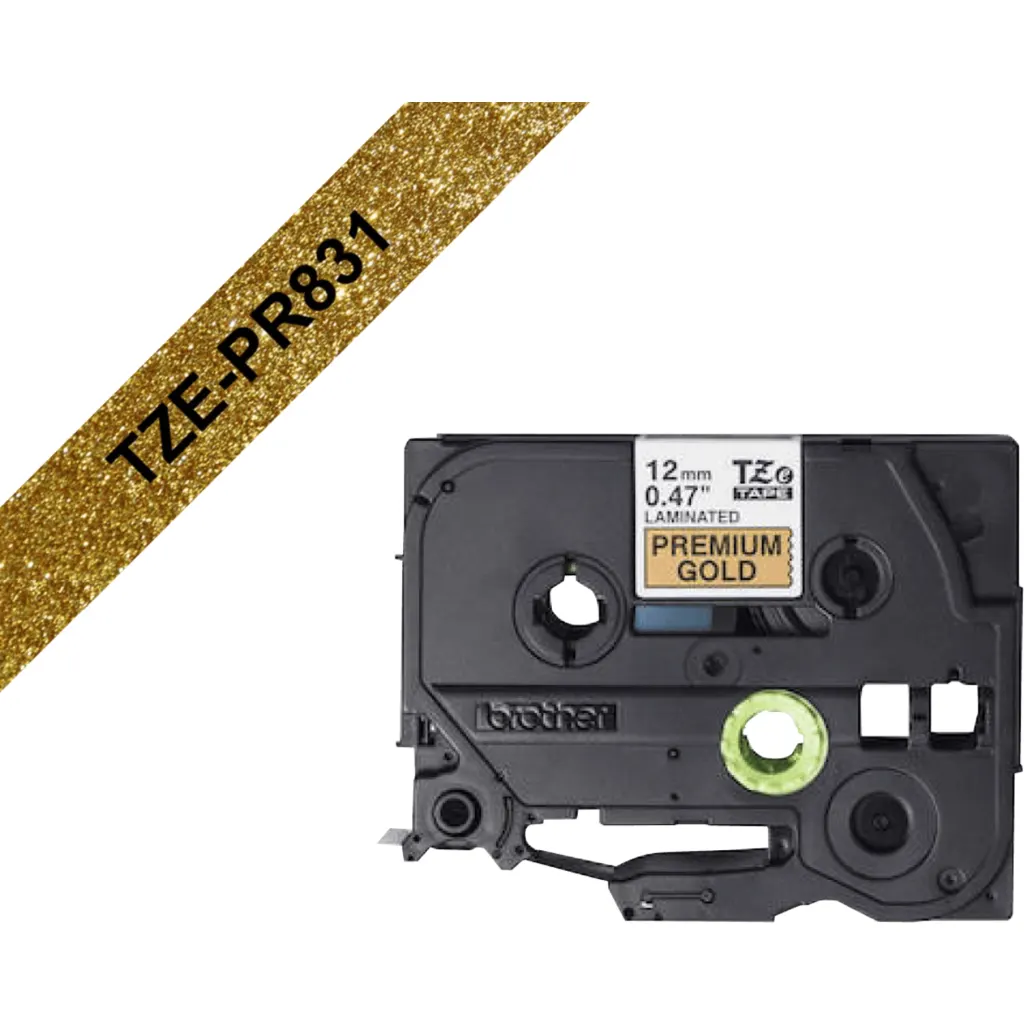 Imagen 1 de BROTHER 12mm Glitter Negro en Fondo Dorado Cinta 8mt p/PT-H110/E300