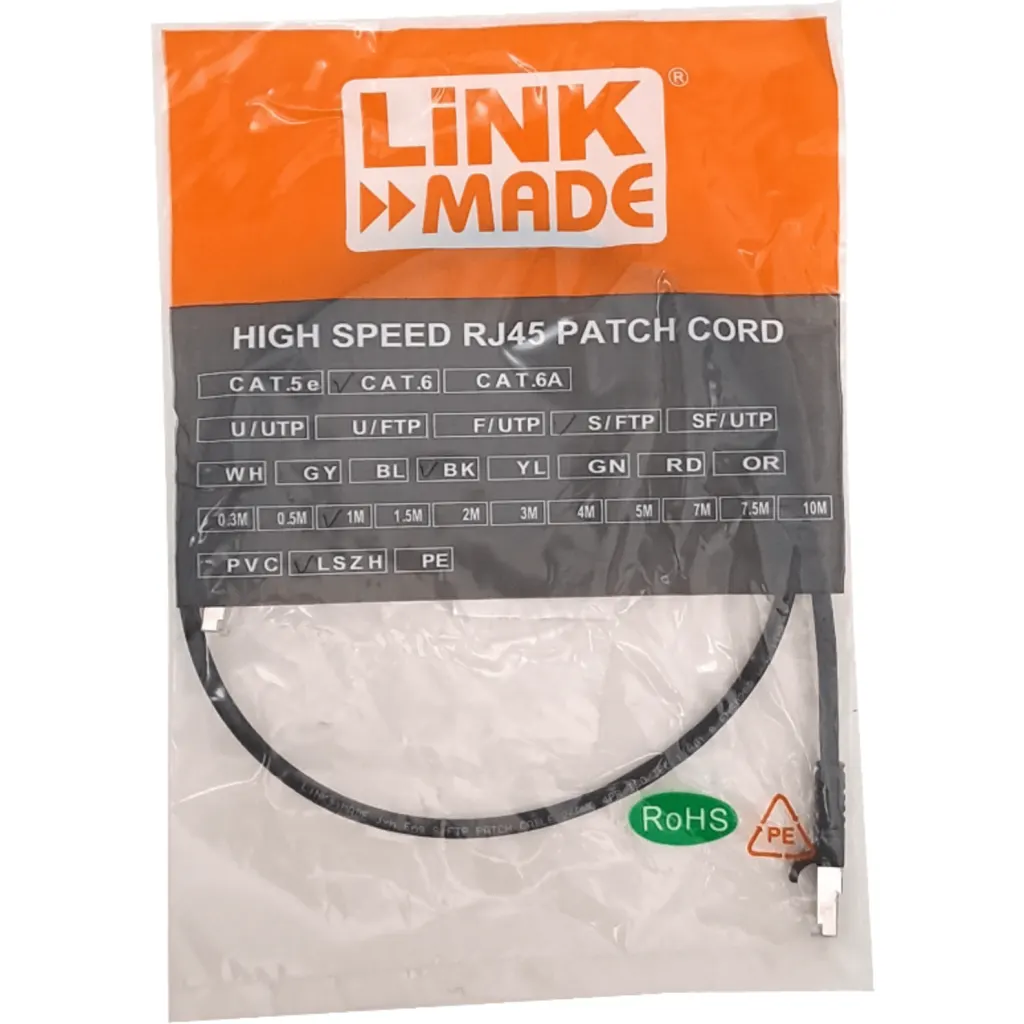 Imagen 2 de LINKMADE S/FTP CAT6 1mt NEGRO LSZH CABLE PATCH INYECTADO MULTIFILAR