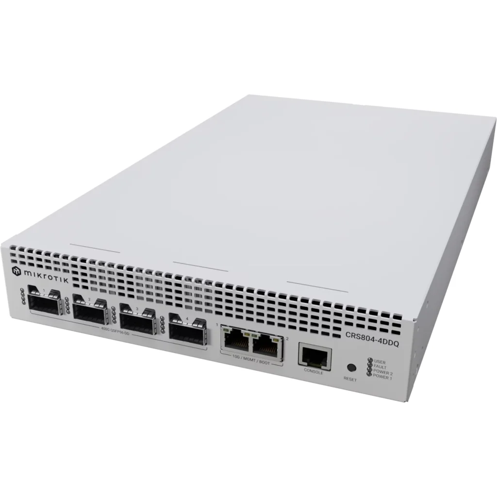 Switch half-rack 1U con 4 puertos QSFP56-DD 400G y puertos 10G de gestion. Route