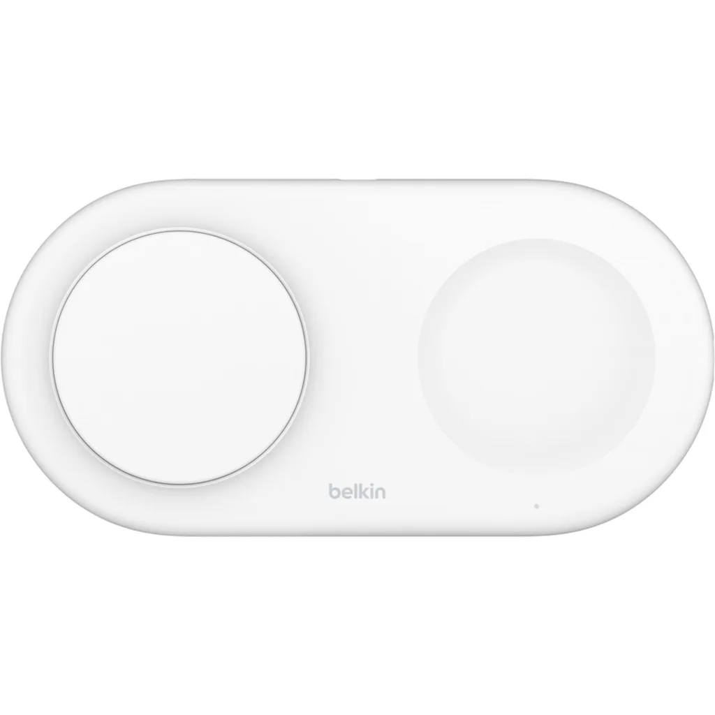 Base de carga 2 en 1 inalambrica plana Qi2 con USB-C Belkin blanca