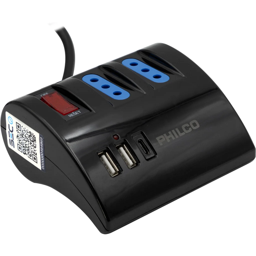 Imagen 2 de Alargador Eléctrico 3 Tomas + 2*USB 1*USB-C 1.5mts Color Negro - Philco 2044N