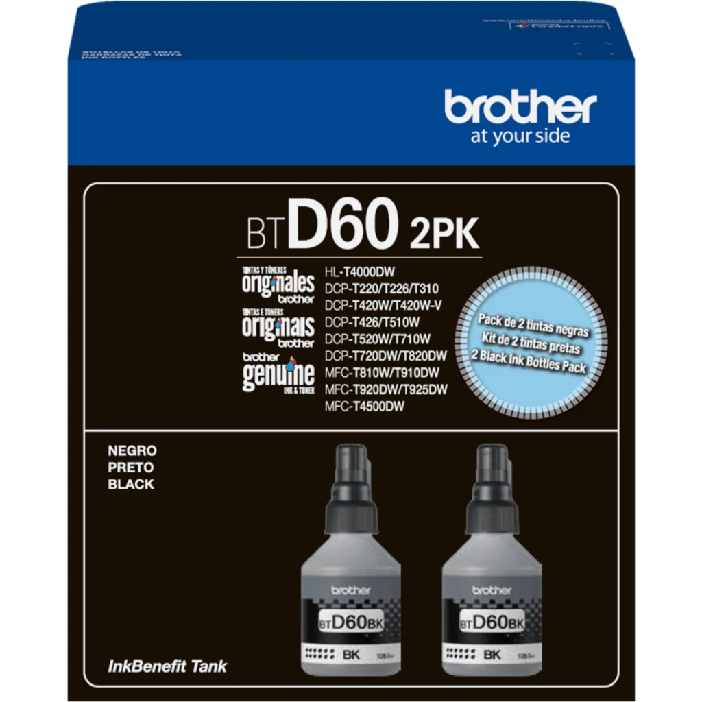 Pack 2x Botella de Tinta Brother BTD60BK Negra Comp DCPT710 MFCT910 108ml 7500Pá