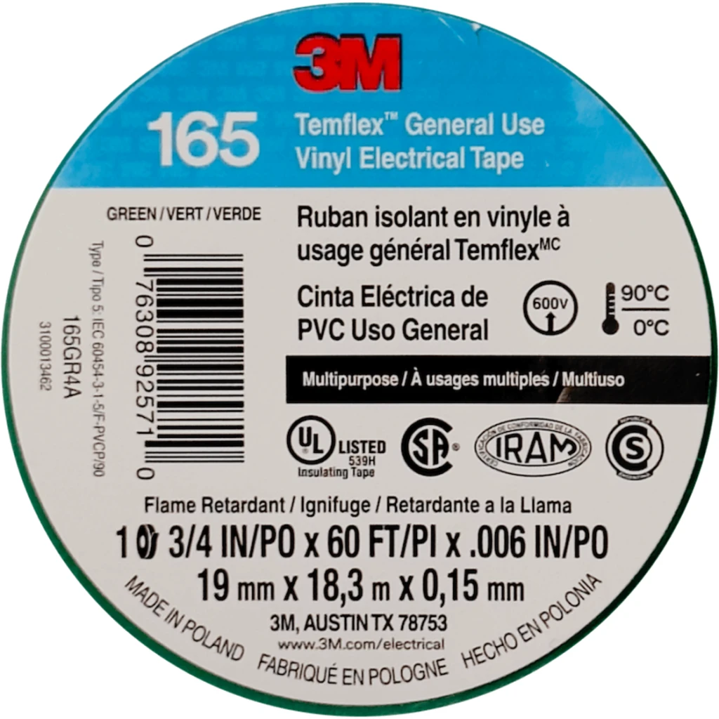 Imagen 1 de 3M 18mt 165 Verde Huincha Cinta Aisladora PVC 19mm 0,15mm 600V 0-90oC