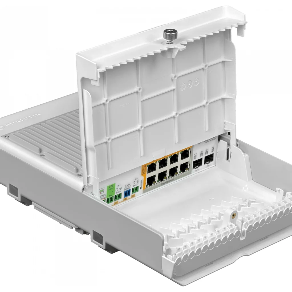 Imagen 1 de MIKROTIK 2-SFP+10G 8-1000 PoE-out IP54 SwOS req24-57V UPS-24V inc-TC