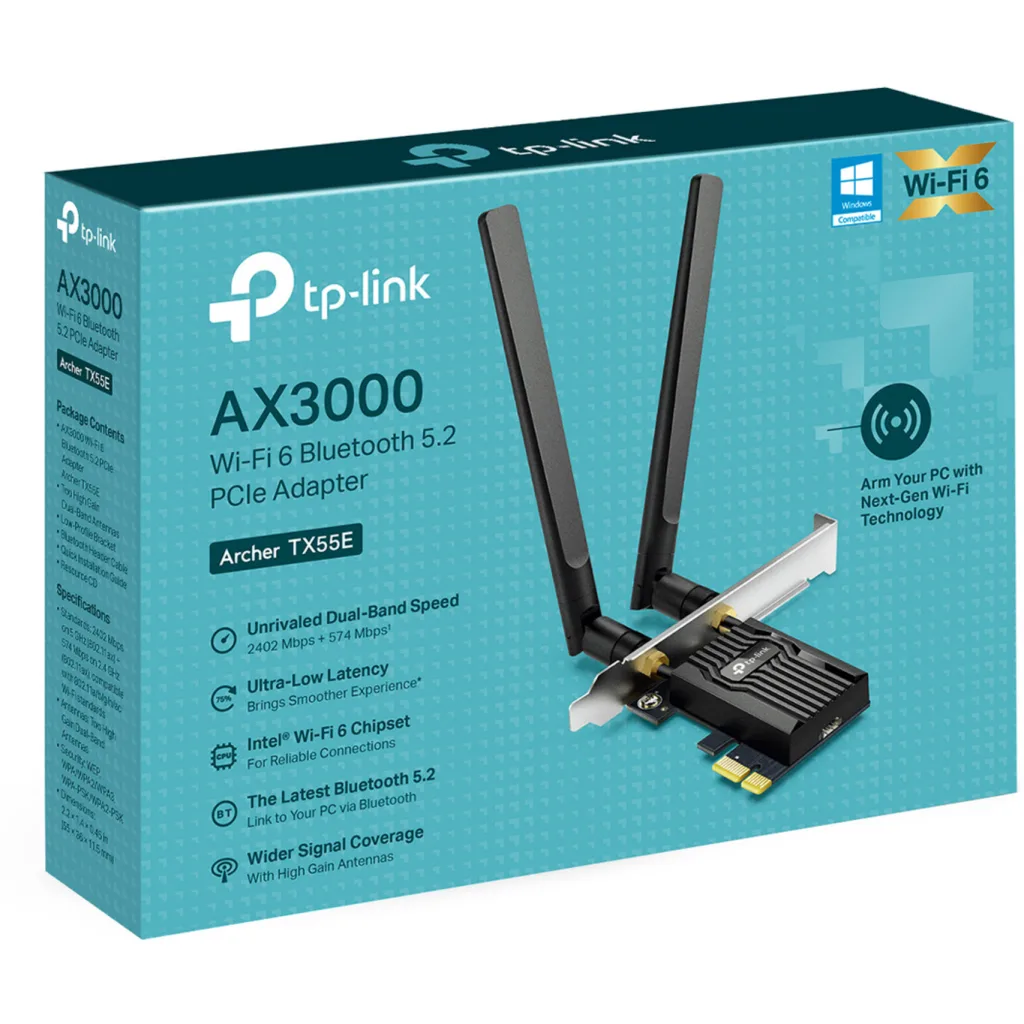 ARCHER TX55E ADAPT. TPLINK AX3000 WI-FI 6 BLUETOOTH 5.2 PCIE