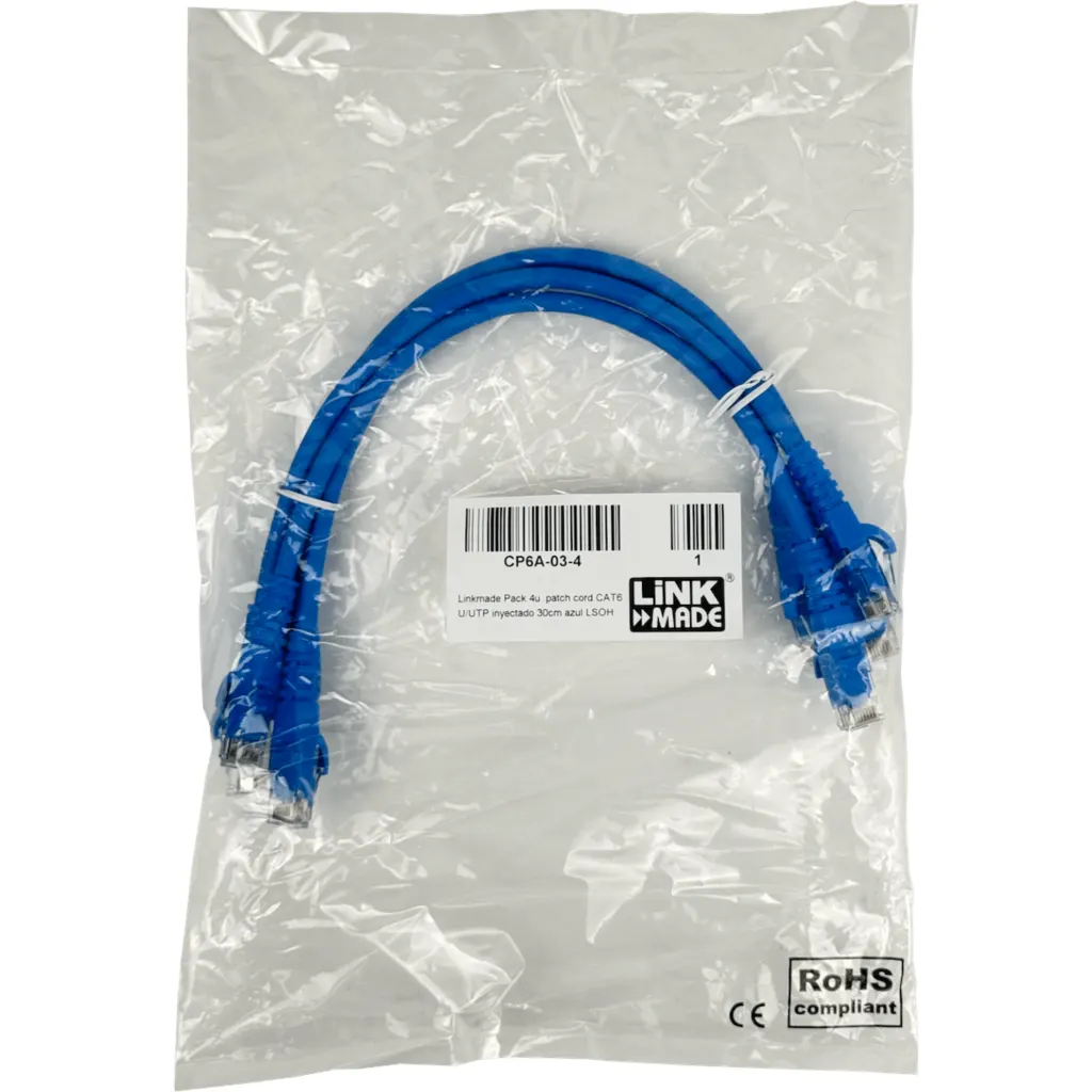 Imagen 2 de Cable Patch Inyectado Multifilar Plug RJ-45 Cat 6 Chaqueta LSZH 30 cm*4 unidades