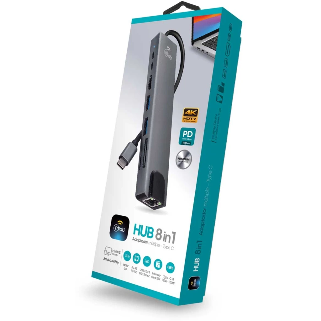 Imagen 2 de MLAB HUB ADAPTADOR 8 EN 1 TYPE-C A RJ45 + HDMI + SD/TF CARD + PD100W + USBC2.0 + 1USB3.0 + 1USB2.0