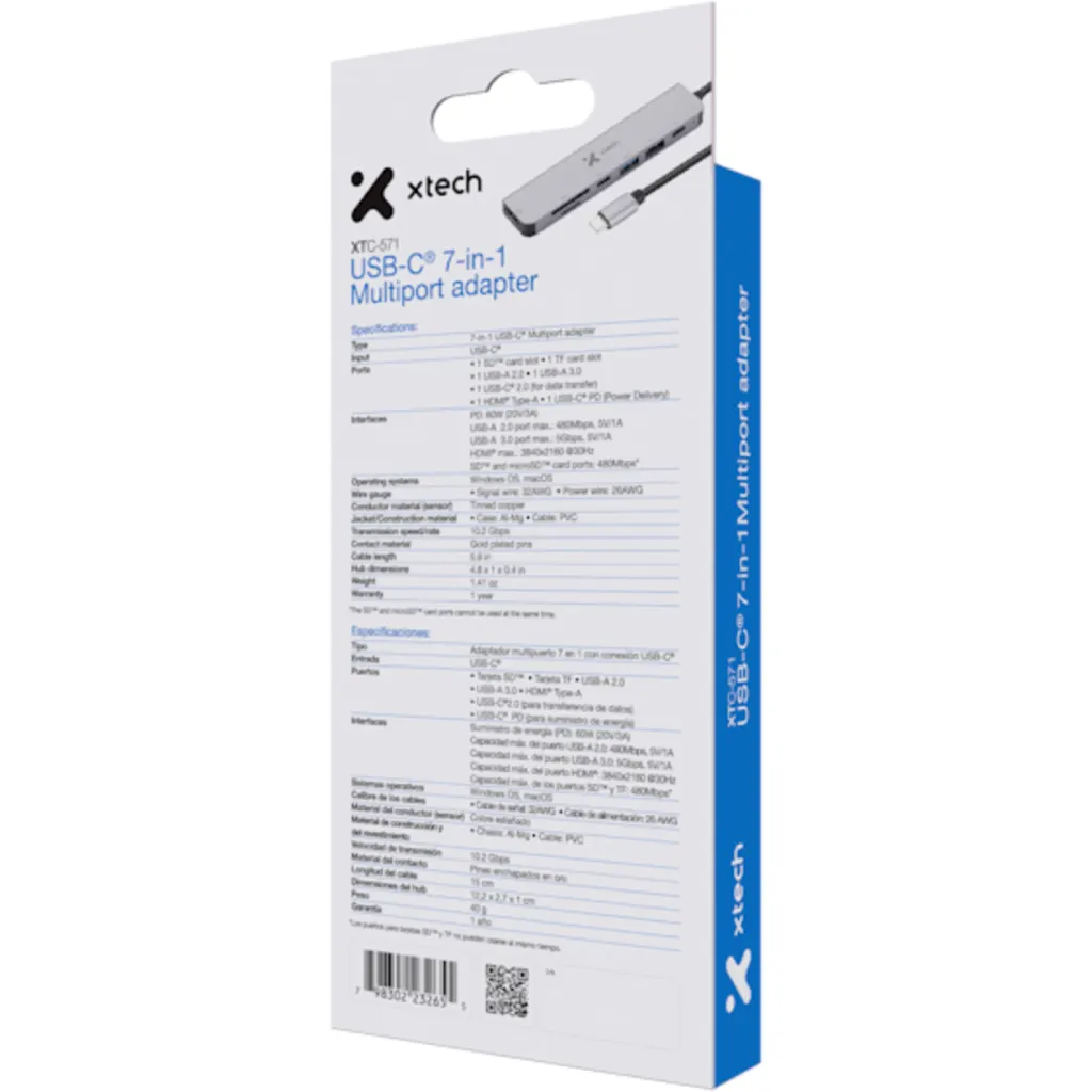 Imagen 6 de Adaptador Multipuertos Xtech, 7en1 USB-C a HDMI SD/TF USB2.0 USB3.0 2*USB-C
