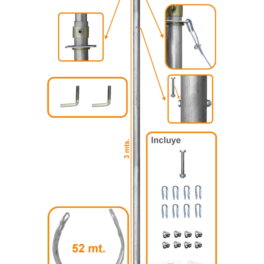 LINKMADE 20pies 6mt Mastil Telescopico con Vientos 2-Tubos-3mt