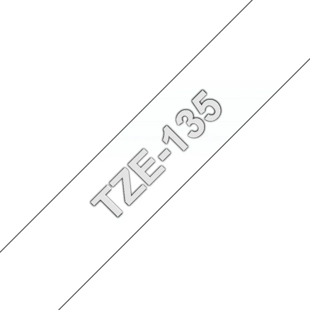 Cinta laminada Brother TZe135 texto blanco sobre fondo transparente 12mm x 8mts