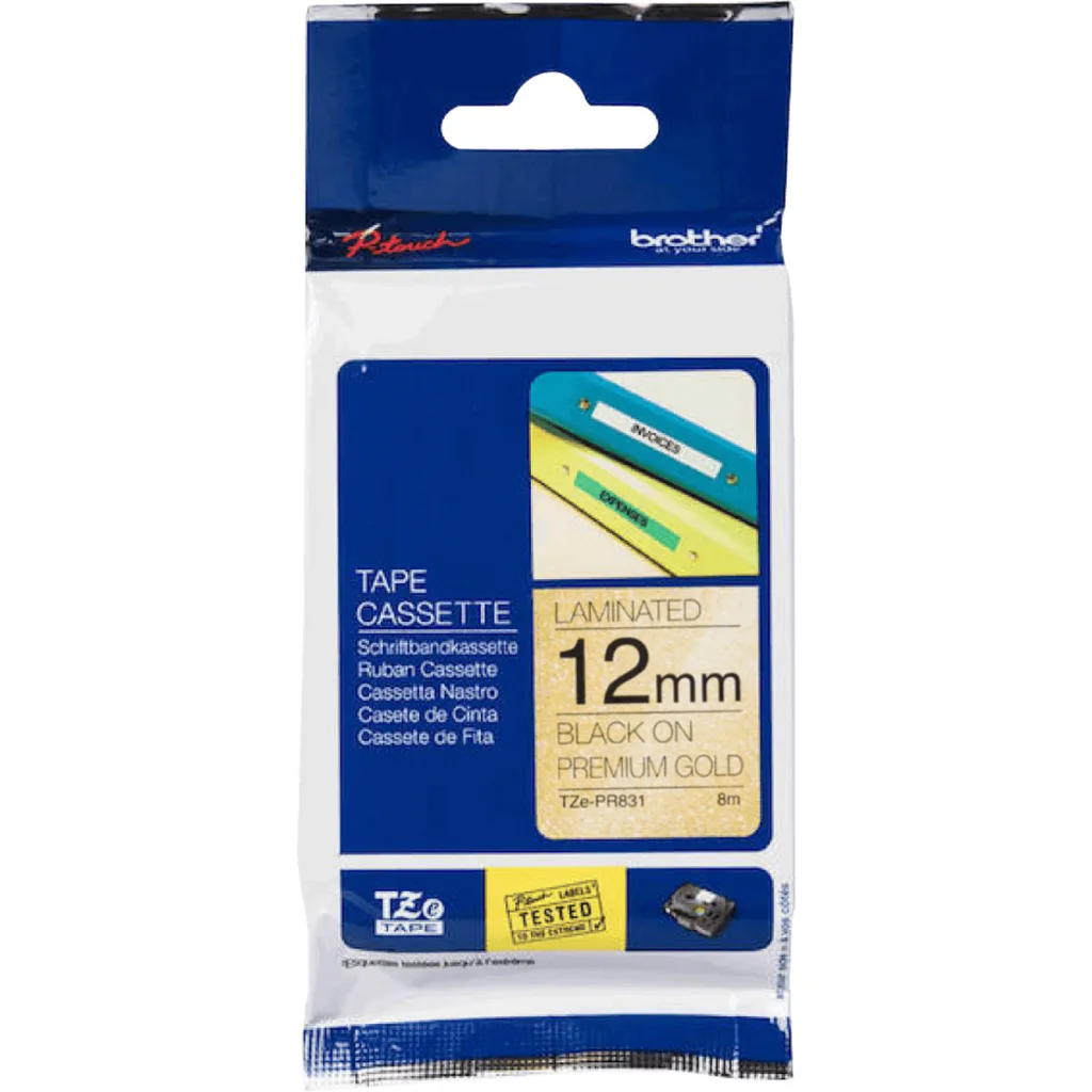 BROTHER 12mm Glitter Negro en Fondo Dorado Cinta 8mt p/PT-H110/E300