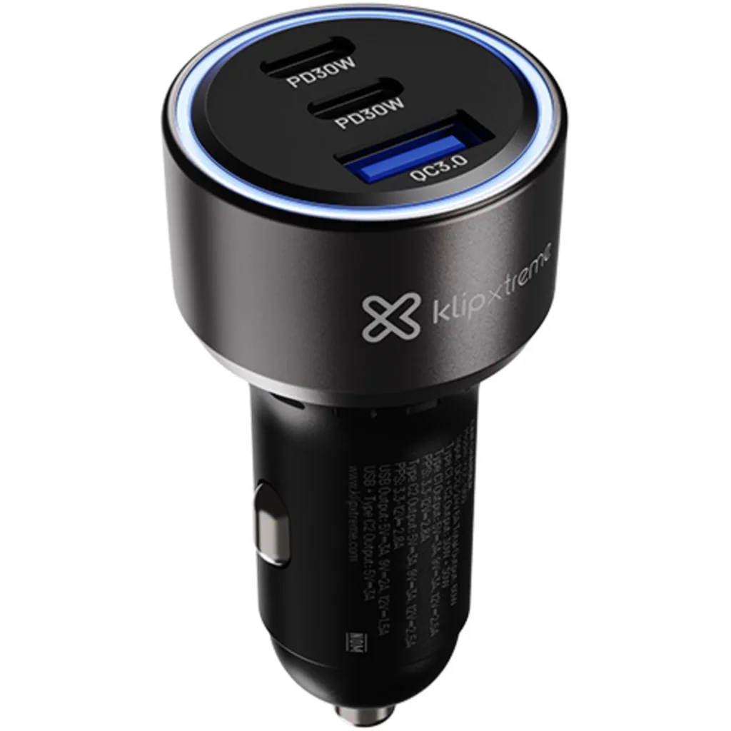 Klip Xtreme KCC-060 - Car power adapter - 60 Watt - 2 x 24 pin USB-C / 9 pin USB Type A - Cellular phone / Tablet - Car - Para Smartphones, tablets, small devices