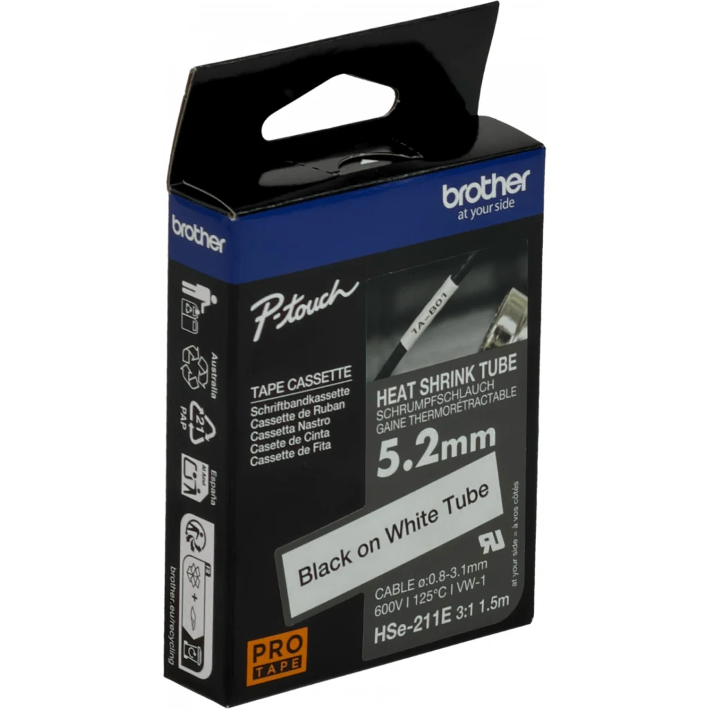 Imagen 2 de BROTHER 5,2mm Termoretractil 0,8-3,1mm Negro en Blanco Cinta 1,5mt