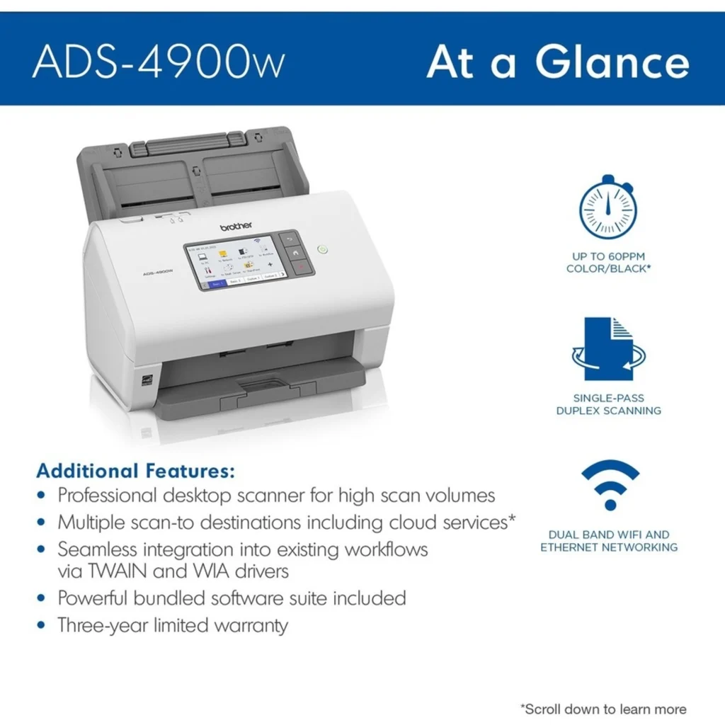 Imagen 1 de Escáner de Escritorio Brother ADS4900W, 120ppm ADF WiFi Ethernet USB 3.0 Dúplex