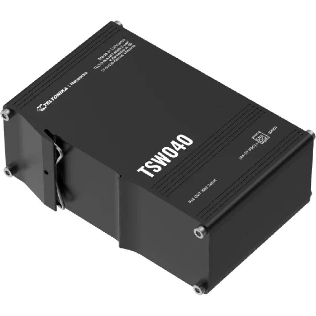 Imagen 1 de Conmutador PoE+ no gestionado de 8 puertos RJ45 con 240 W de potencia total, ideal para aplicaciones industriales. Montaje en carril DIN y soporte para un amplio rango de tensión.