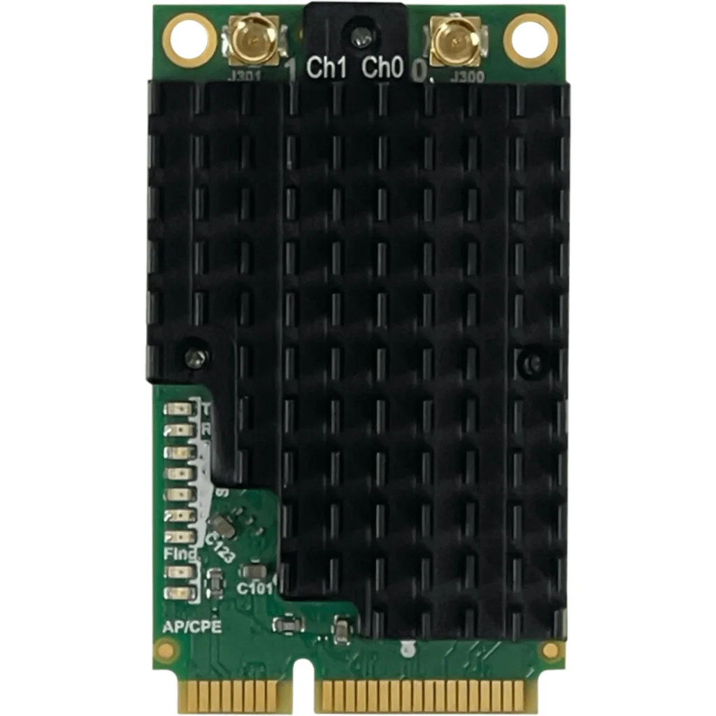Tarjeta miniPCIe Wi-Fi 2.4GHz 802.11b/g/n de alta potencia, dual chain, ideal para enlaces inalámbricos y soluciones RouterBOARD compatibles.