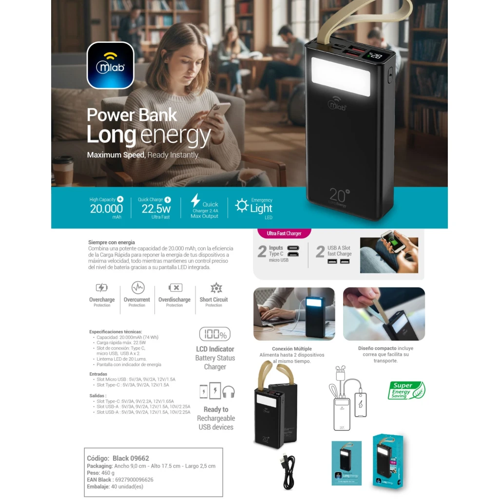 Imagen 3 de MLAB POWERBANK RAPIDO 20.000mAh / 22.5W CARGADOR PORTATIL LONG ENERGY LIGHT BLAC