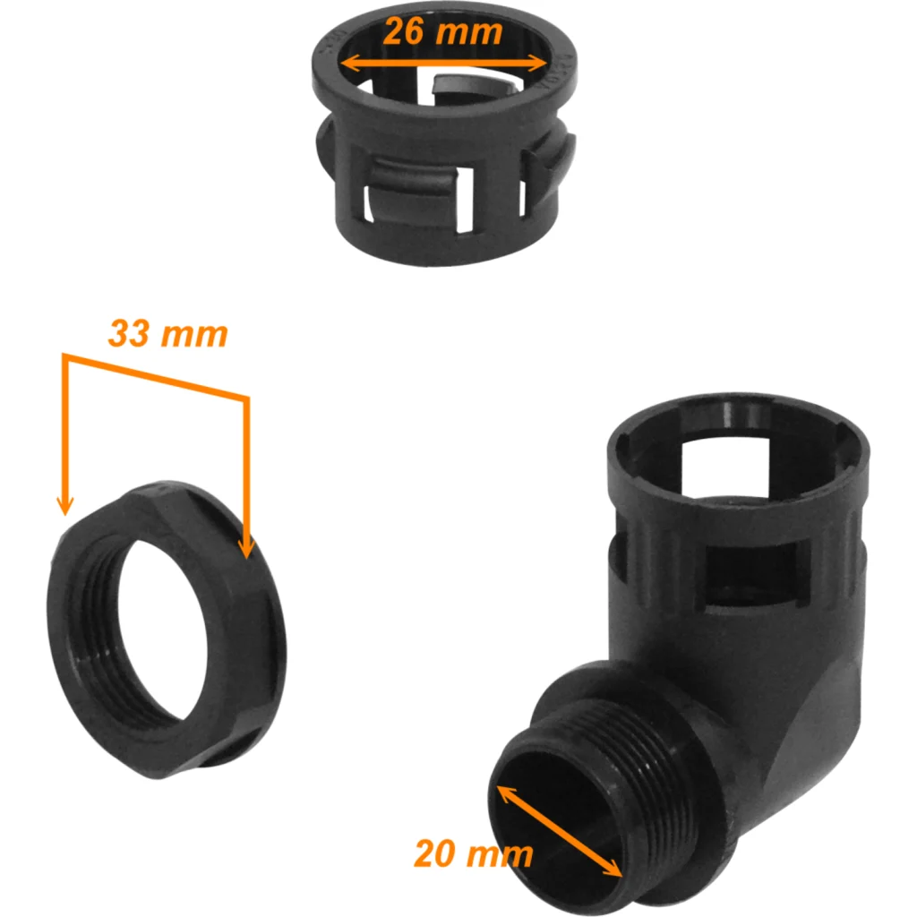 Imagen 1 de 25mm Codo Salida Caja Prensa Estopa p/Conduit Flexible Plastico Negro