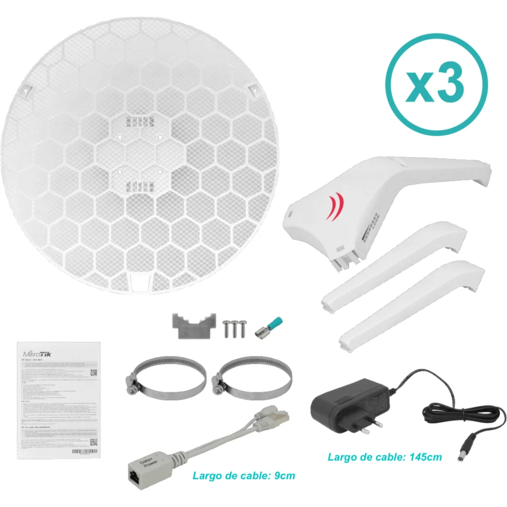 Imagen 3 de MIKROTIK 3-unids Grilla 24,5dBi 7o 1-100 2x2 L3 391mm inc24V RBLHG-5ND