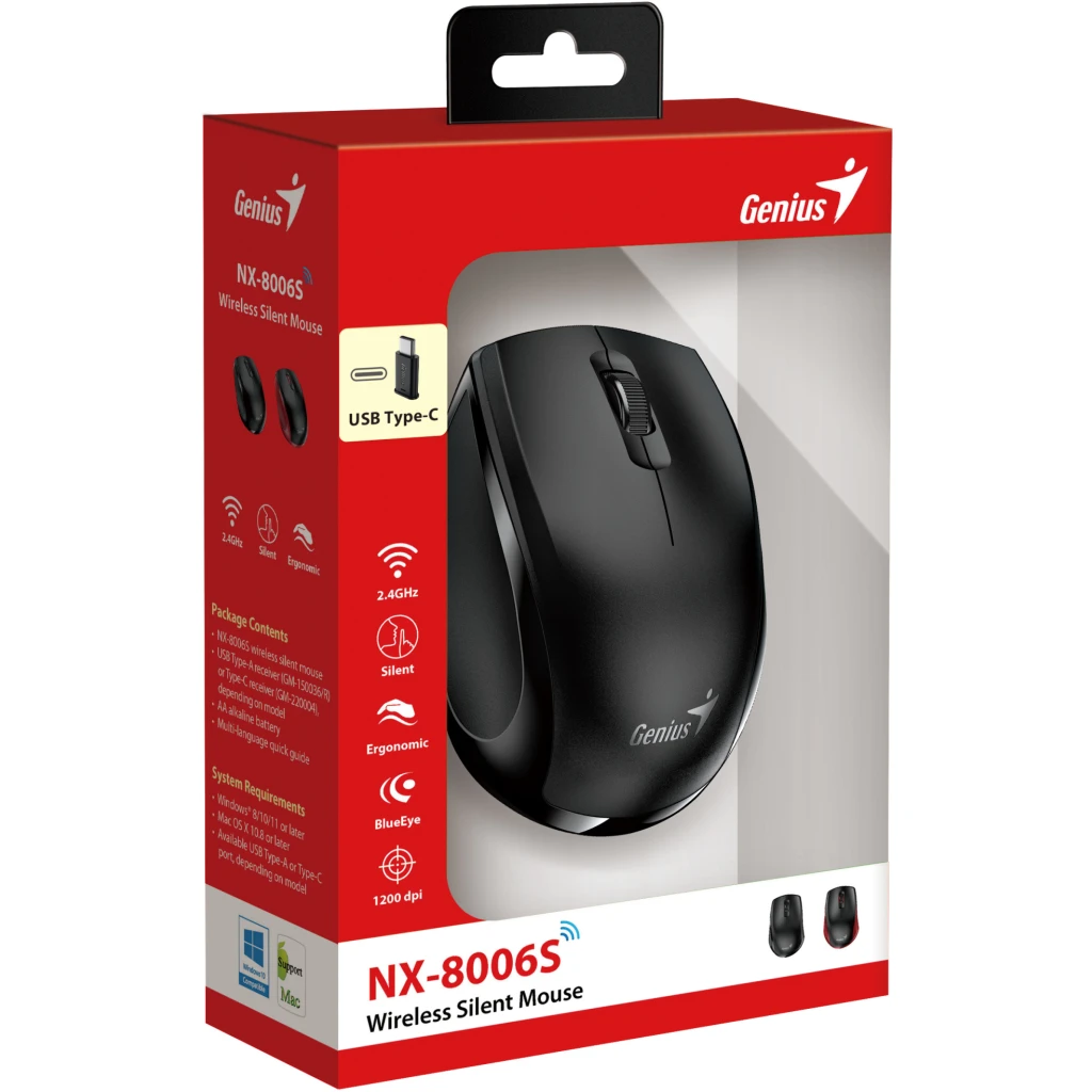 Imagen 5 de GENIUS MOUSE INALAMBRICO 2,4GHZ TYPE-C BLACK-NX-8006S-BK