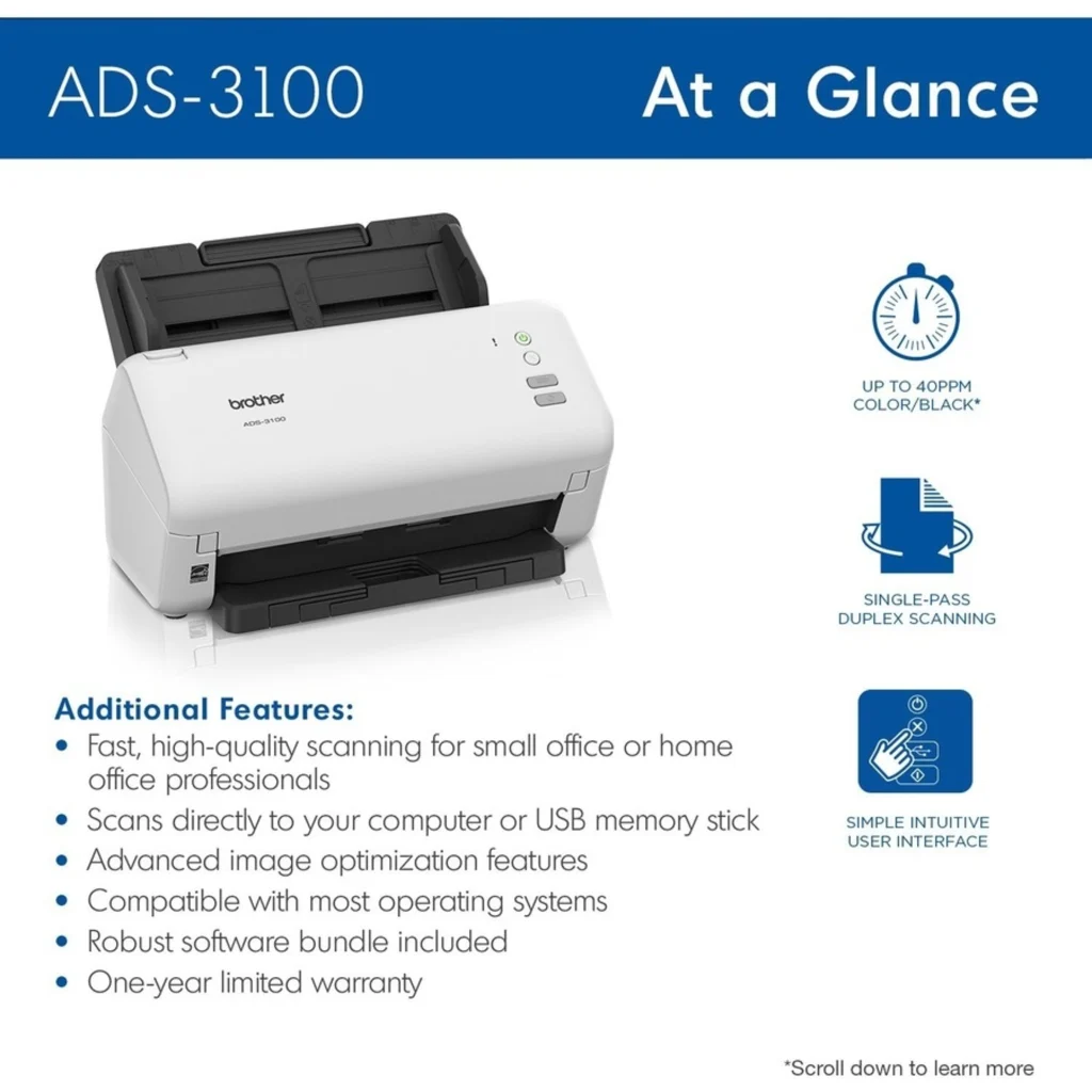 Imagen 2 de Escáner de Escritorio Brother ADS-3100 Dual 40/80ipm 600x600 ppp USB 3.0 ADF