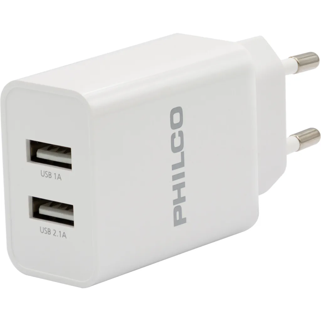 CARG. DE PARED 2.1 A DOBLE USB C/CABLE IPHONE R1090 BLANCO