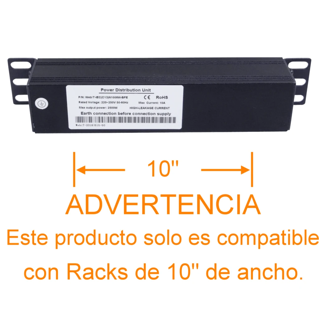 Imagen 1 de PDU 10A Enchufes 6-Hembra-C13 1-Macho-C14 Rack-10-pulgadas sin-cable