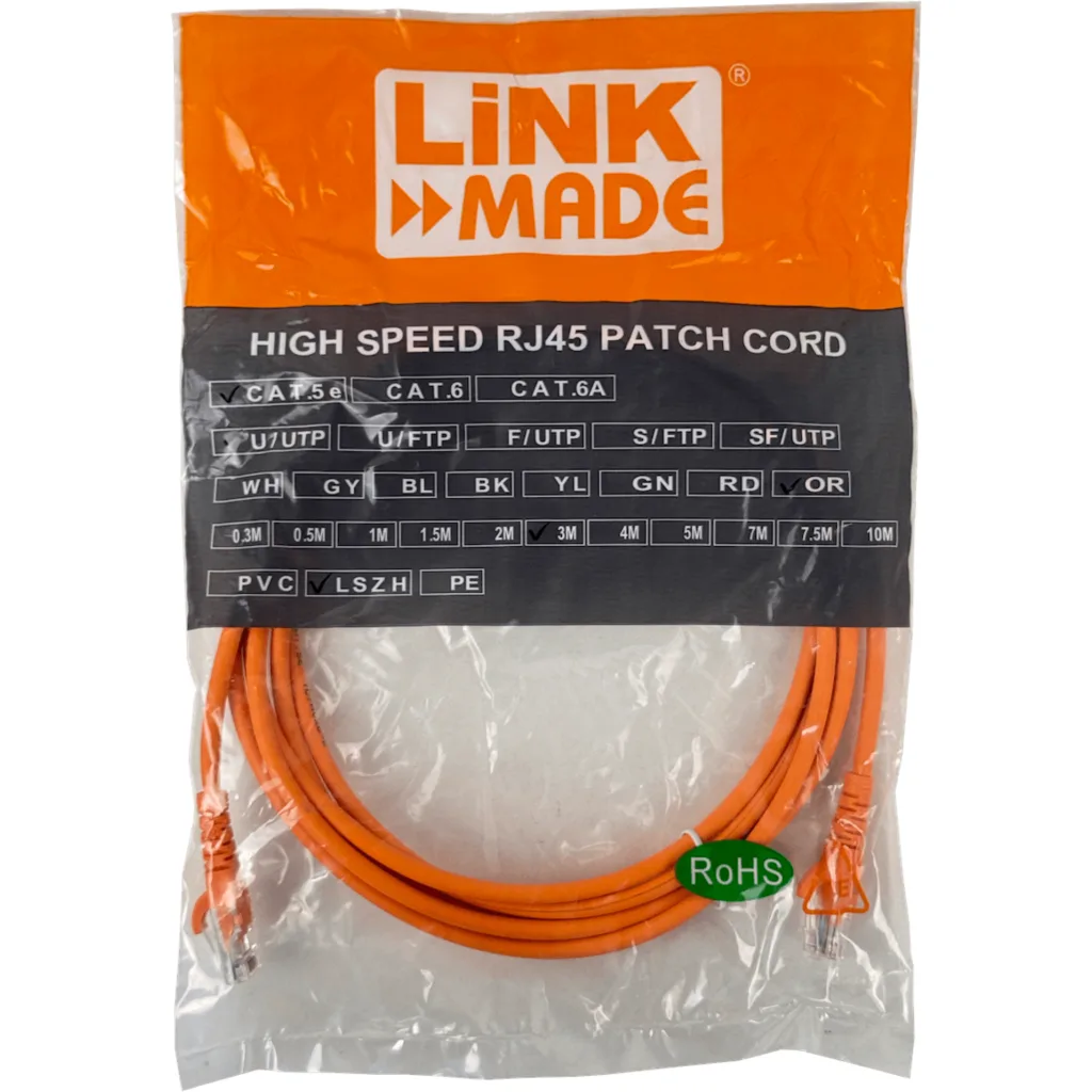 LINKMADE 3MT CAT5E NARANJO LSZH CABLE PATCH INYECTADO MULTIFILAR