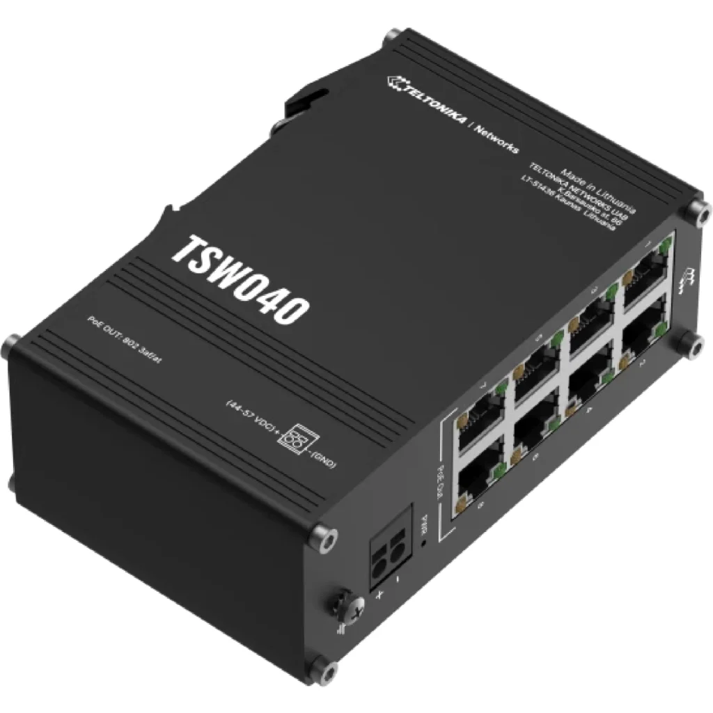 Imagen 2 de Conmutador PoE+ no gestionado de 8 puertos RJ45 con 240 W de potencia total, ideal para aplicaciones industriales. Montaje en carril DIN y soporte para un amplio rango de tensión.