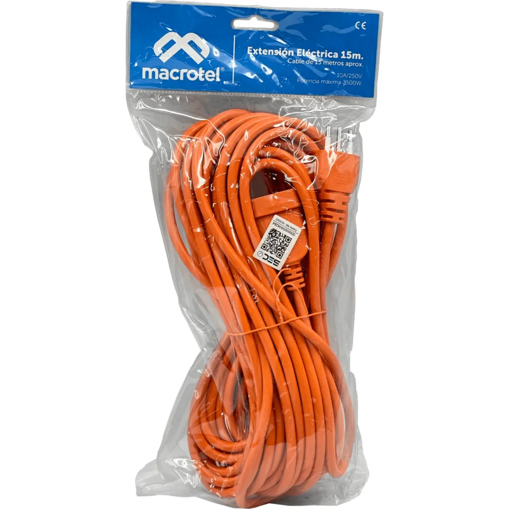 Alargador Extensión Eléctrico 10A Enchufe Chile 15mts Color Naranja - Macrotel