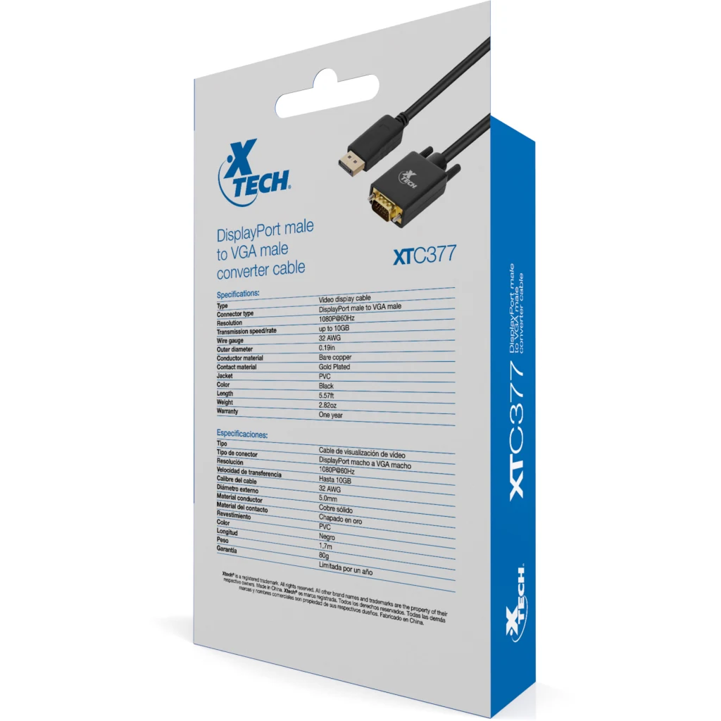 Imagen 1 de Cable Adaptador DisplayPort a VGA M/M 1080p 60Hz 1.7mts - XTech XTC-377