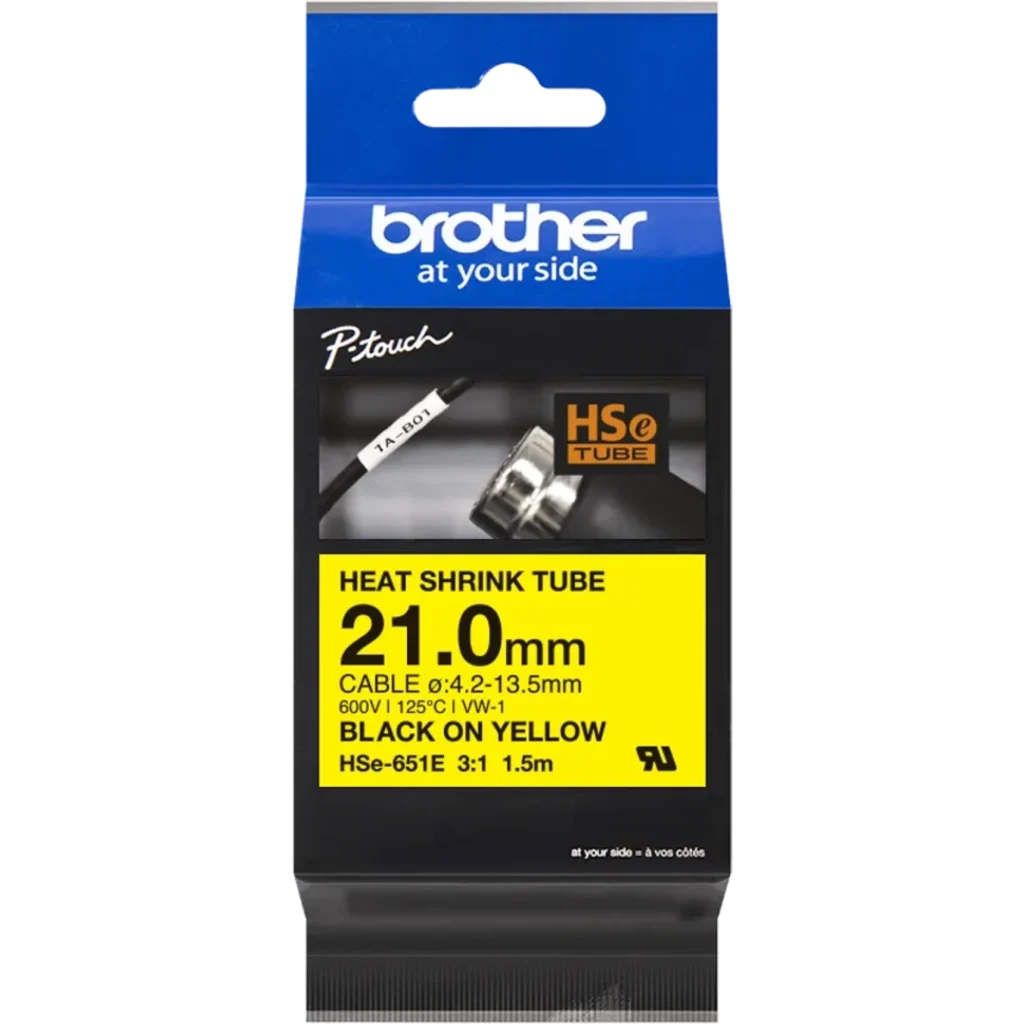HSe651e. Tubo BROTHER 21mm Am Termo retractil 4,2-13,5mm Negro en Amarillo de 1,