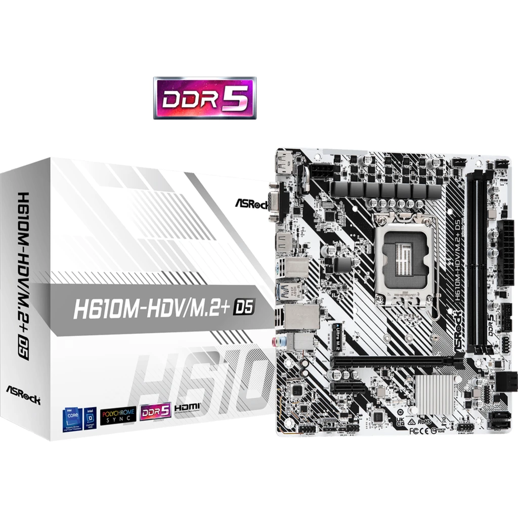 Tarjeta Madre ASRock H610M-HDV/M.2+ D5 LGA1700 2*DDR5 M.2 DP HDMI VGA mATX