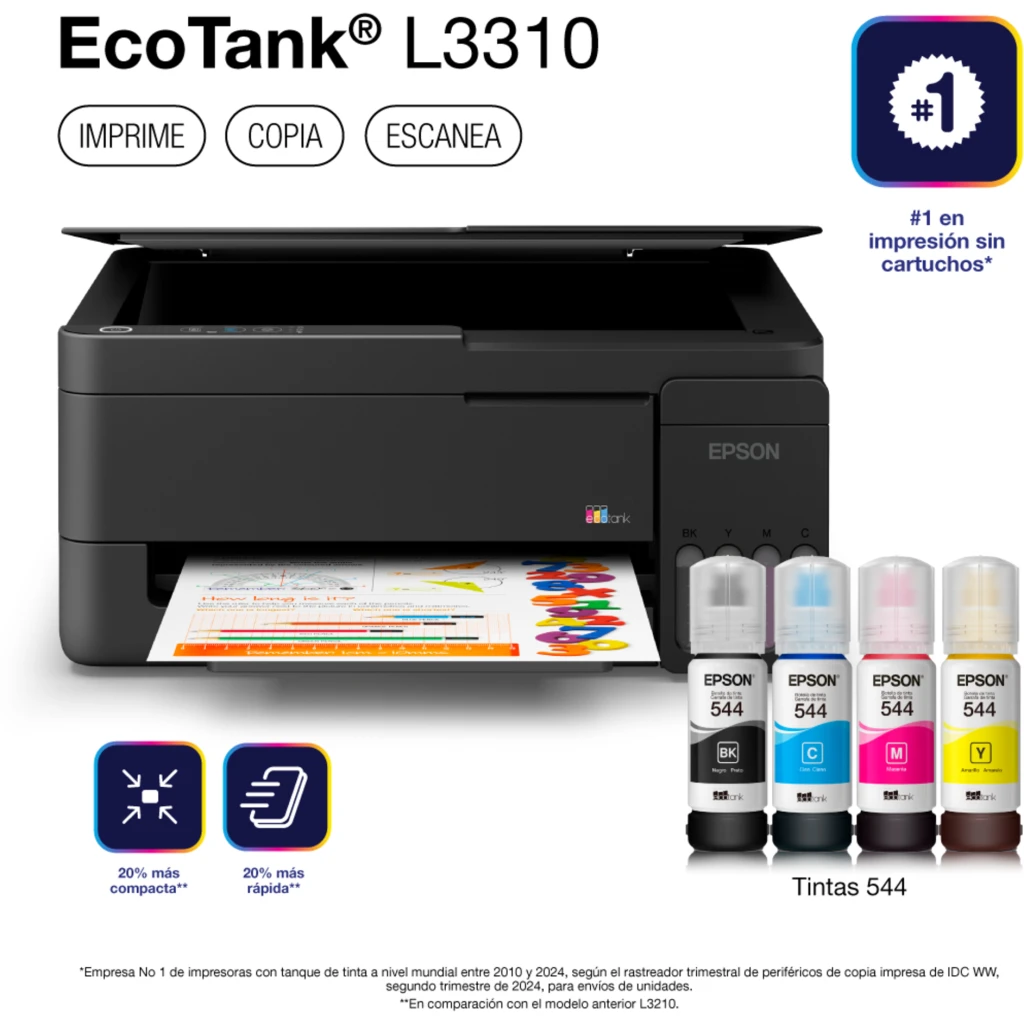 Impresora Multifunción Epson EcoTank L3310, Tanque de Tinta Color USB2.0