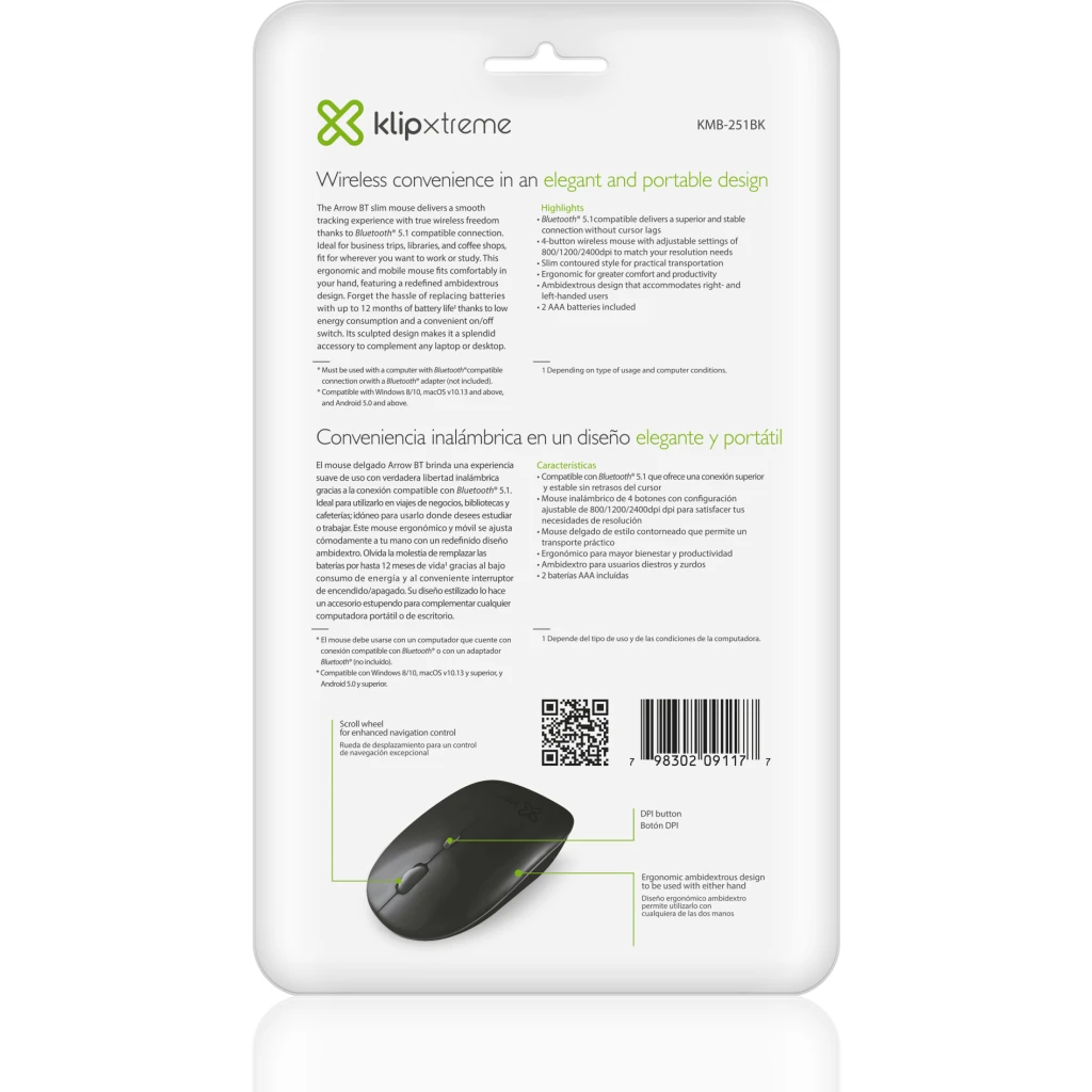 Imagen 5 de Mouse Inalámbrico KlipX KMB-251BK Arrow Óptico 2400dpi 4 botones BTv5.1 Negro