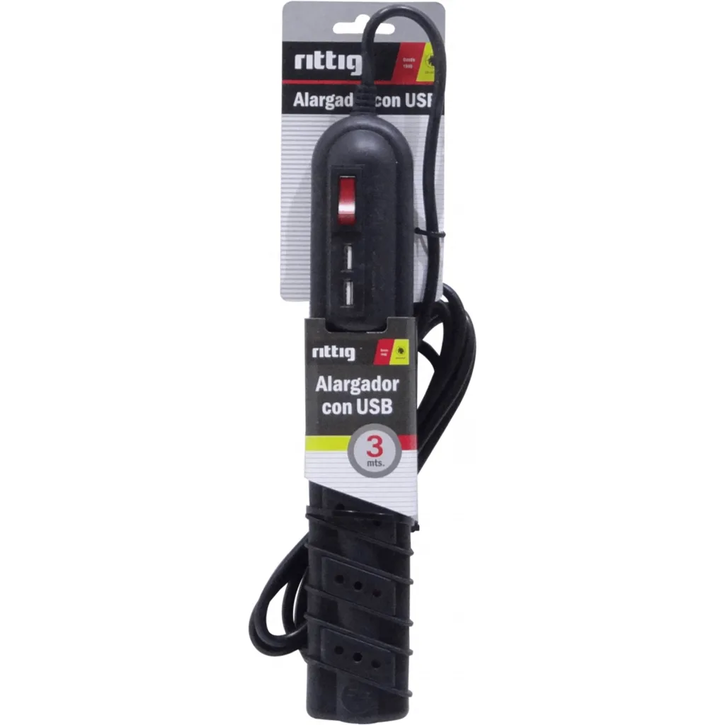 Imagen 2 de Alargador Eléctrico 5 Tomas 2*USB-A 5V c/Switch On/Off 250V 10A 2200W 3mts Negro