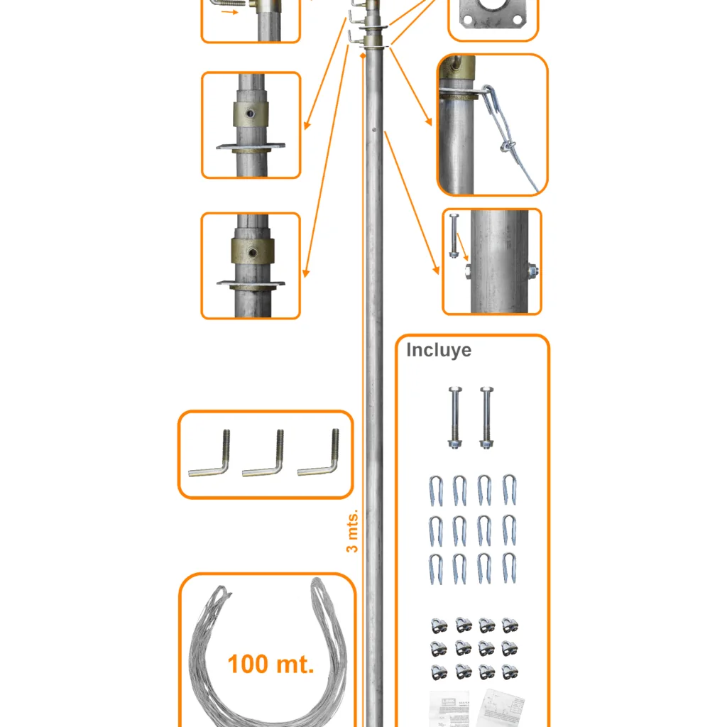 LINKMADE 30pies 9mt Mastil Telescopico con Vientos 3-Tubos-3mt