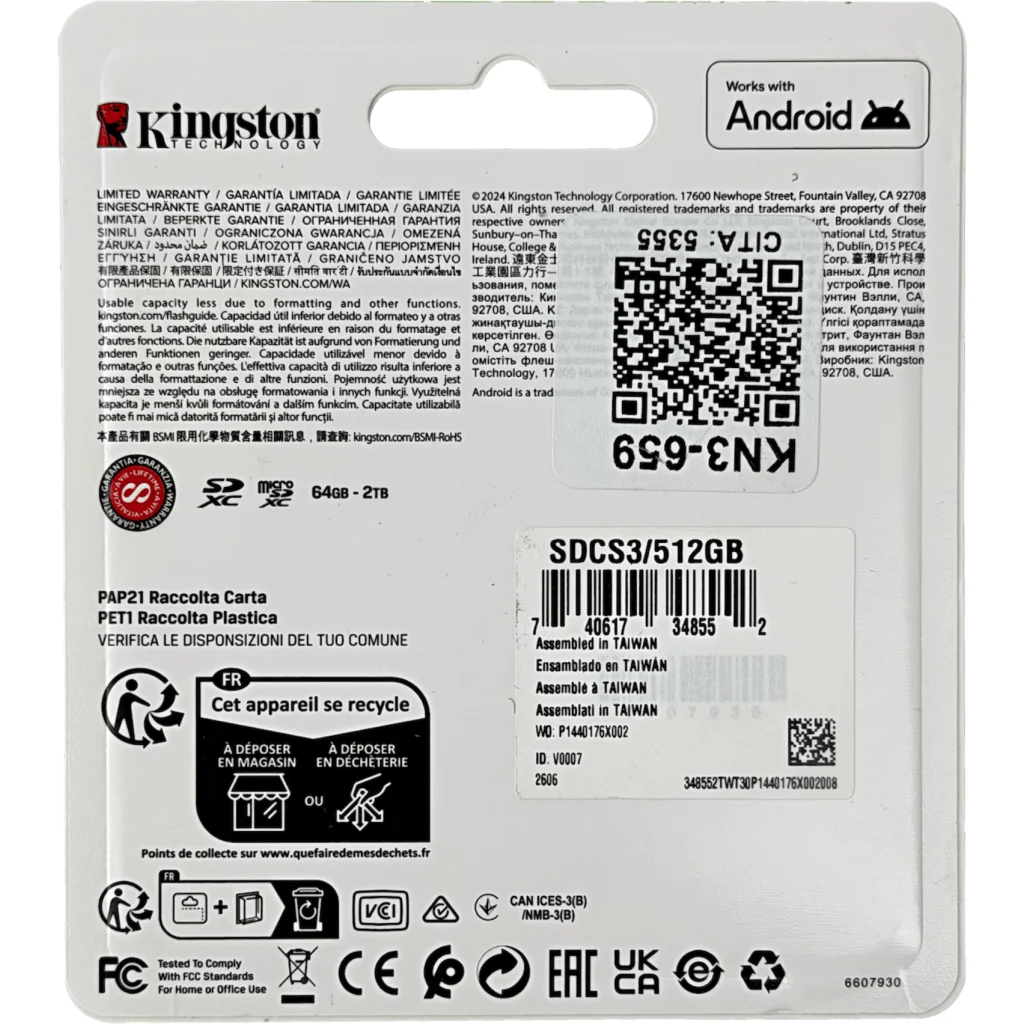 KINGSTON 512GB MicroSD c/Adaptador-SD 150mb/s Class10 UHS-I U3 V30