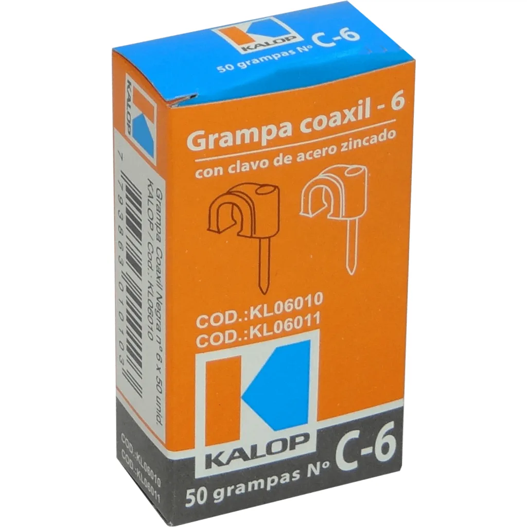 Imagen 1 de KALOP 50-UN C6 Negra 6x6mm Clavo-15x2mm Zincado Sujeta-Cable Coaxial