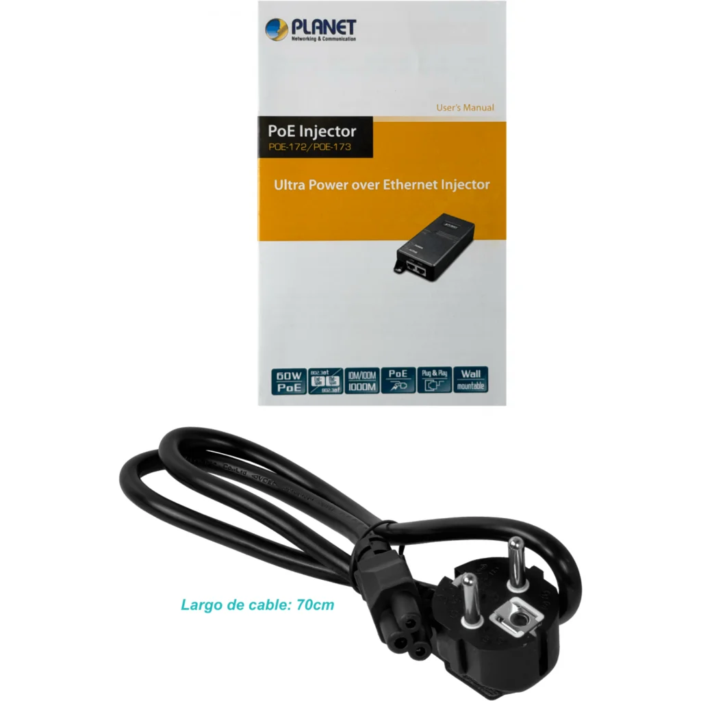 Imagen 5 de Inyector Planet 220VAC A POE+ 802.3AT 56V 60W 2-RJ45 GIGABIT REQ/CABLE