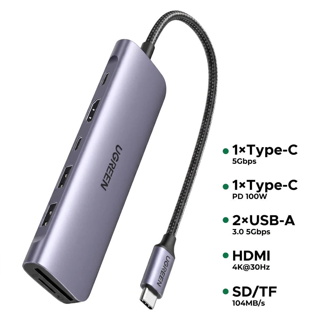 Imagen 2 de Hub Multipuerto UGREEN USB-C. Entradas 2*USB 3.0 A+USB-C+HDMI 4K+SD/TF+PD