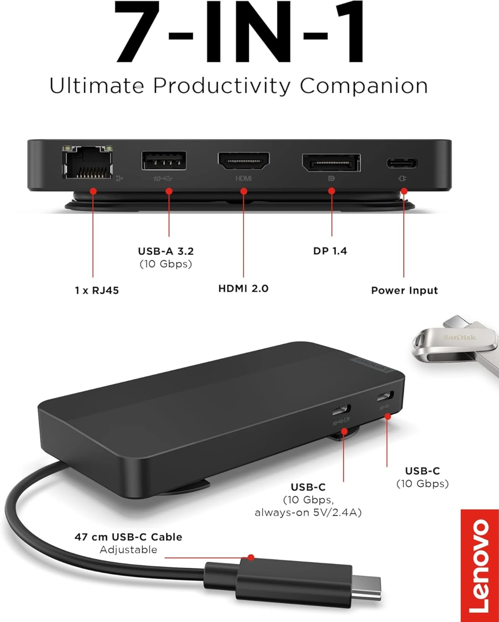 Imagen 1 de Docking Station Lenovo Travel Dock USB-C, Puertos USB3.2 2*USB-C LAN HDMI DP