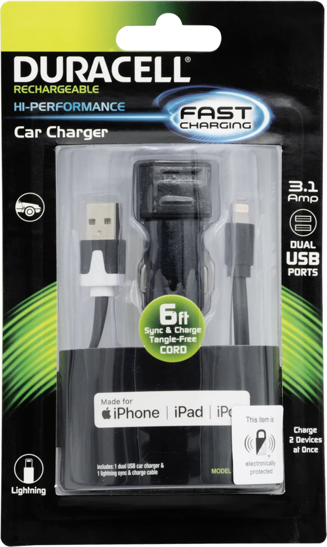 Imagen 1 de CARGADOR AUTO 2,1A + CABLE IPHONE 5/6 CERTIF DURACELL PRO183