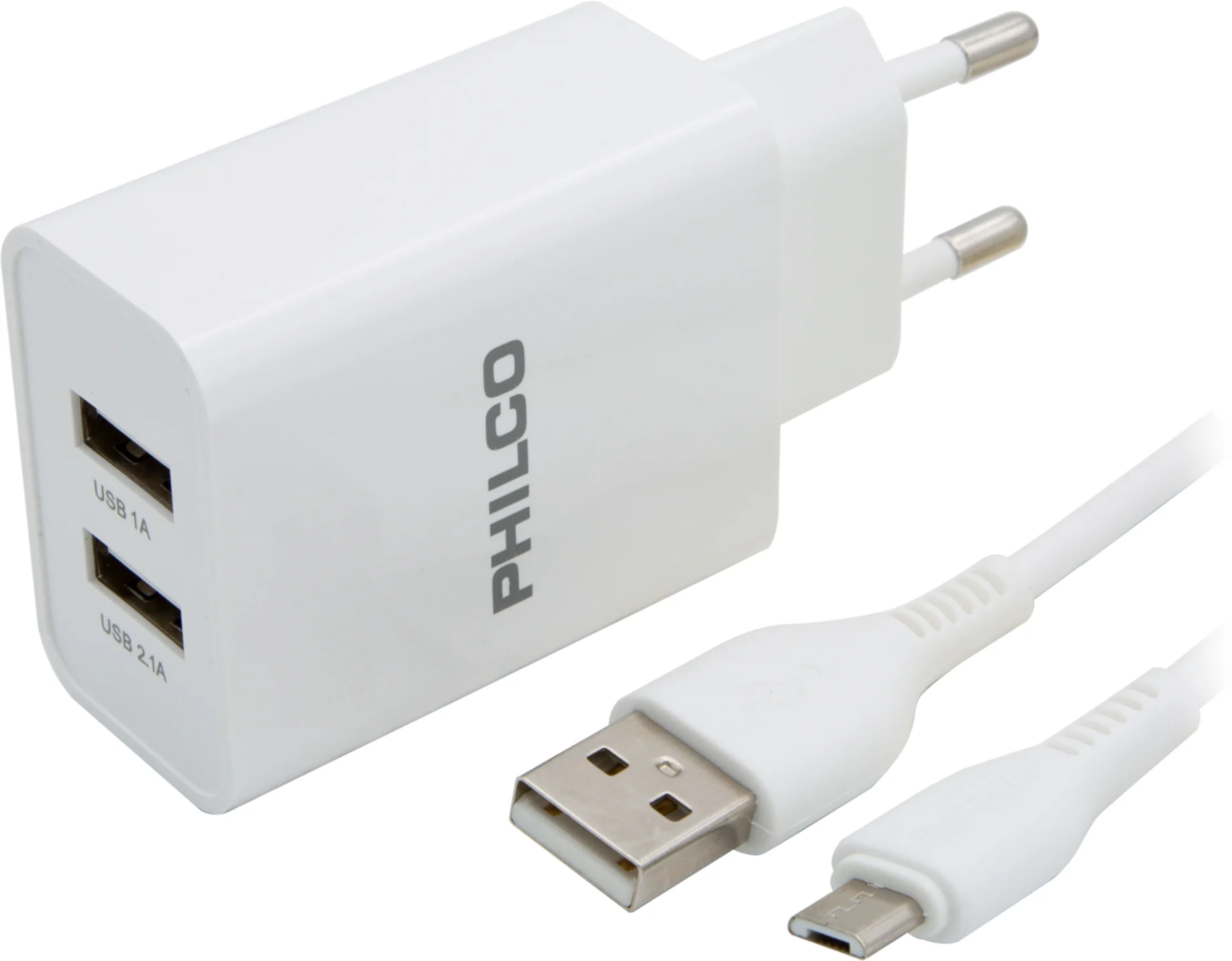 Imagen 1 de CARG. DE PARED 2.1 A DOBLE USB C/CABLE MICRO R2100 BLANCO