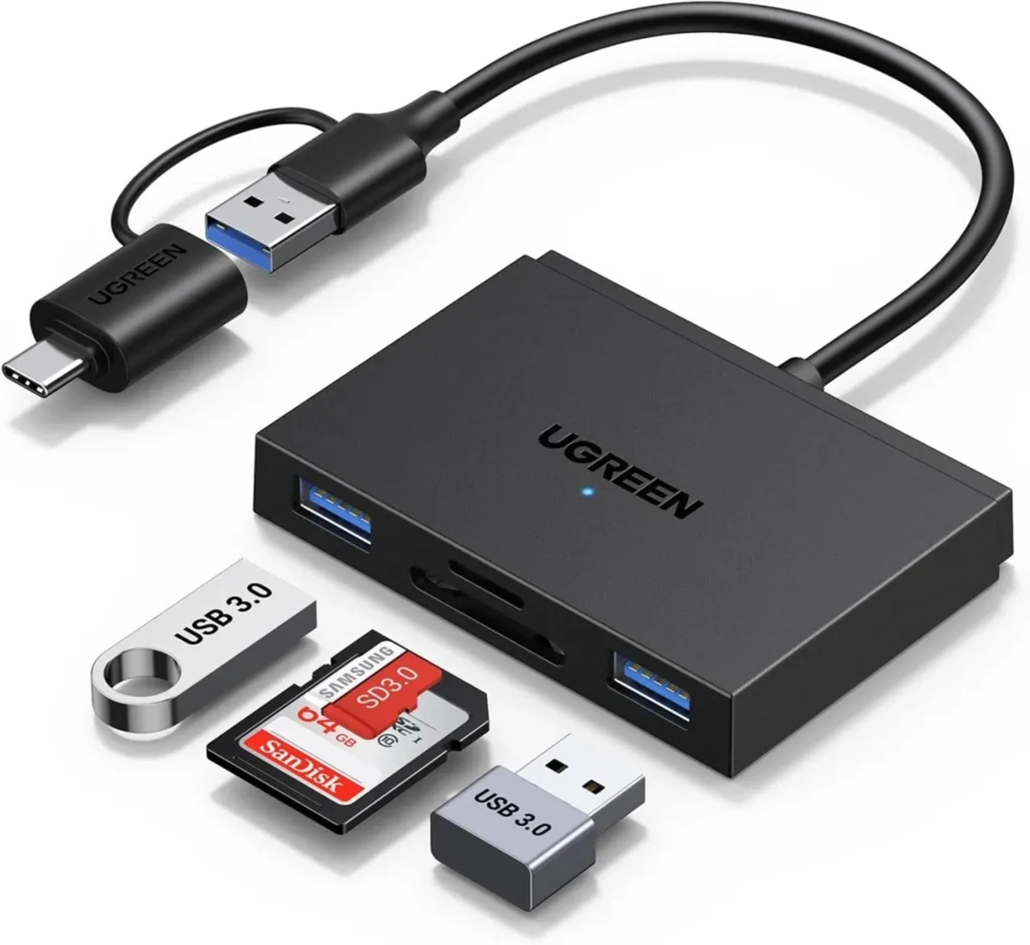 Imagen 0 de CM812. Lector de tarjetas Ugreen 1xSD + 1xTF +  2 SlotUSB-A 3.0. Conexion USB-C 