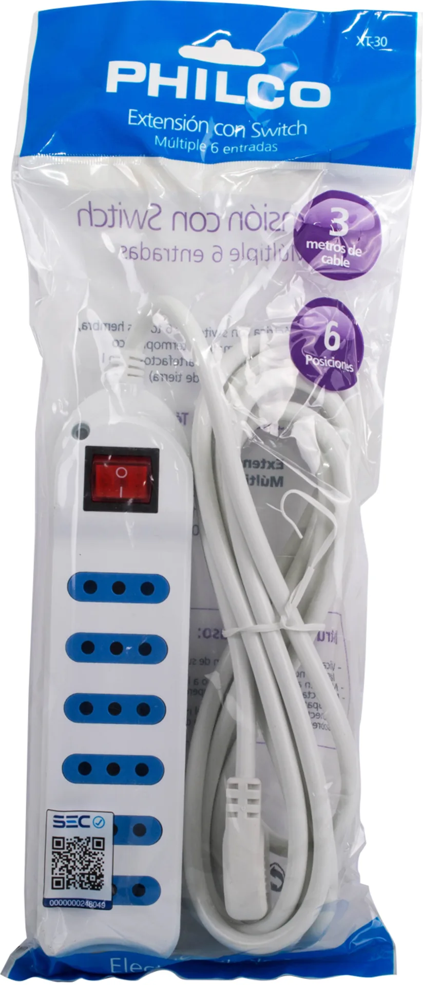 Imagen 2 de Alargador Eléctrico 6 Tomas c/Switch 3mts Color blanco - Philco