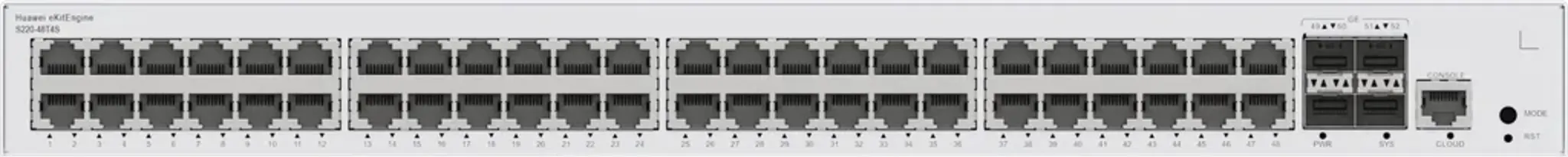 Imagen 1 de S220-48T4S. Switch Huawei eKit 48 puertos 10/100/1000Base-T 4 Puertos 1GE SFP capacidad de conmutación de 104 Gbit/s capacidad de reenvió de paquetes de 77 Mpps