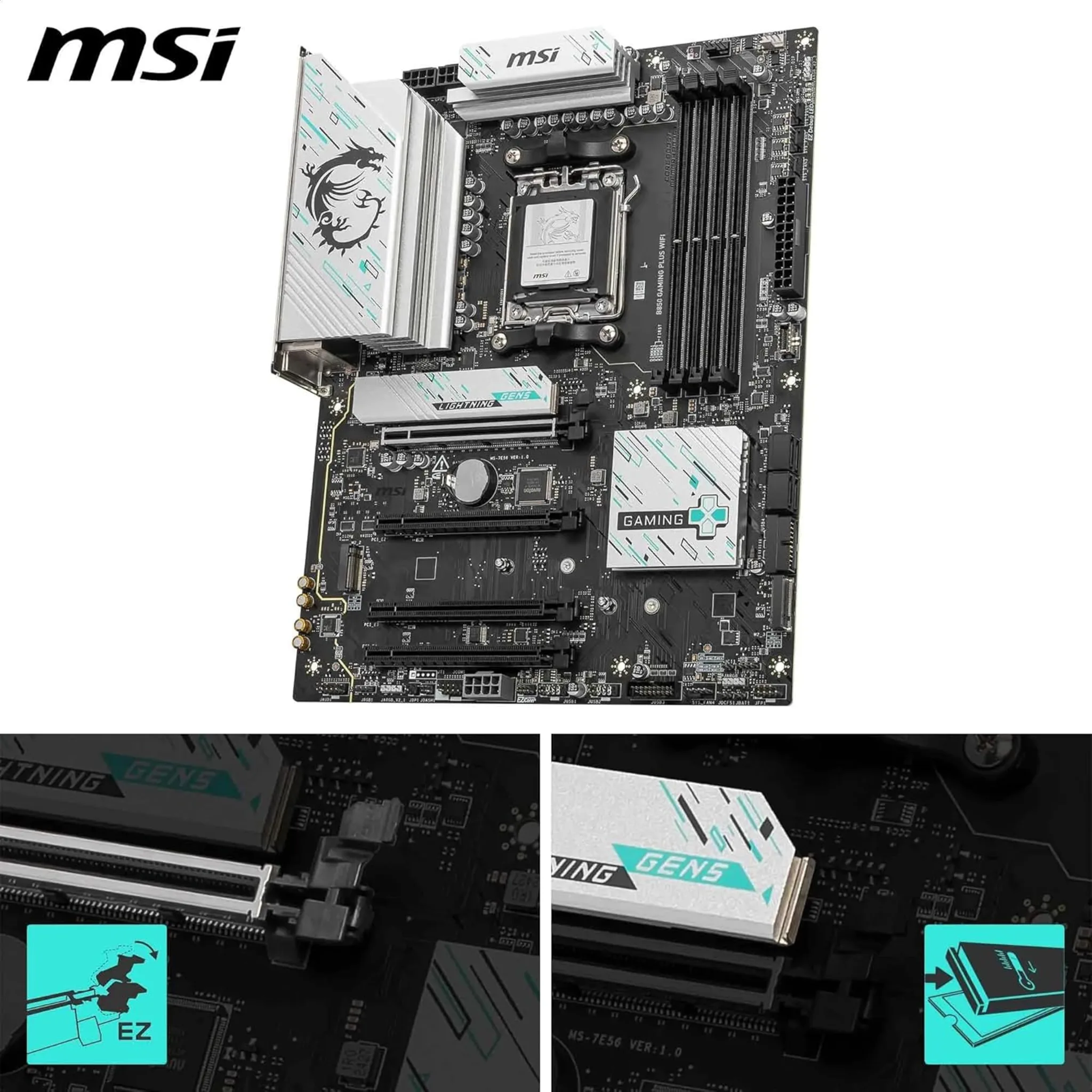 Imagen 2 de Tarjeta Madre MSI B850 GAMING PLUS WIFI Socket AM5 4*DRR5 DP 4*PCIe3*M2 WIFI 7